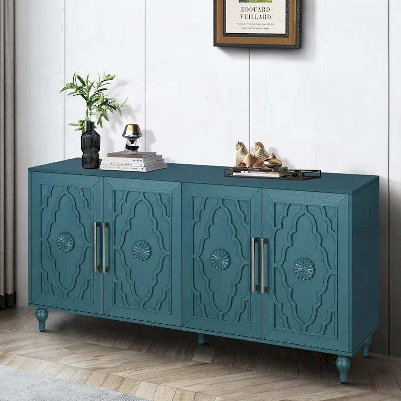 Carved Flower Door Large Storage Cabinet With Metal Handle