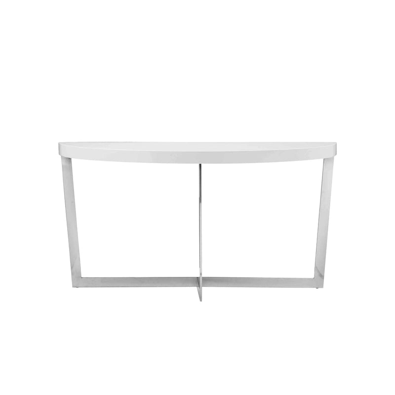 Tini 55 Inch Console Table, Oval Top, Chrome Frame, Sleek White Finish