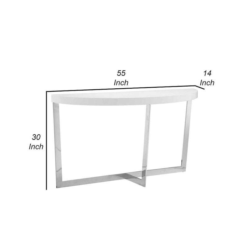 Tini 55 Inch Console Table, Oval Top, Chrome Frame, Sleek White Finish