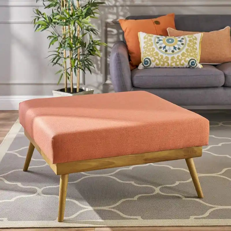 Coral Mid-Century Square Ottoman with Rubberwood Legs by Christopher Knight Home