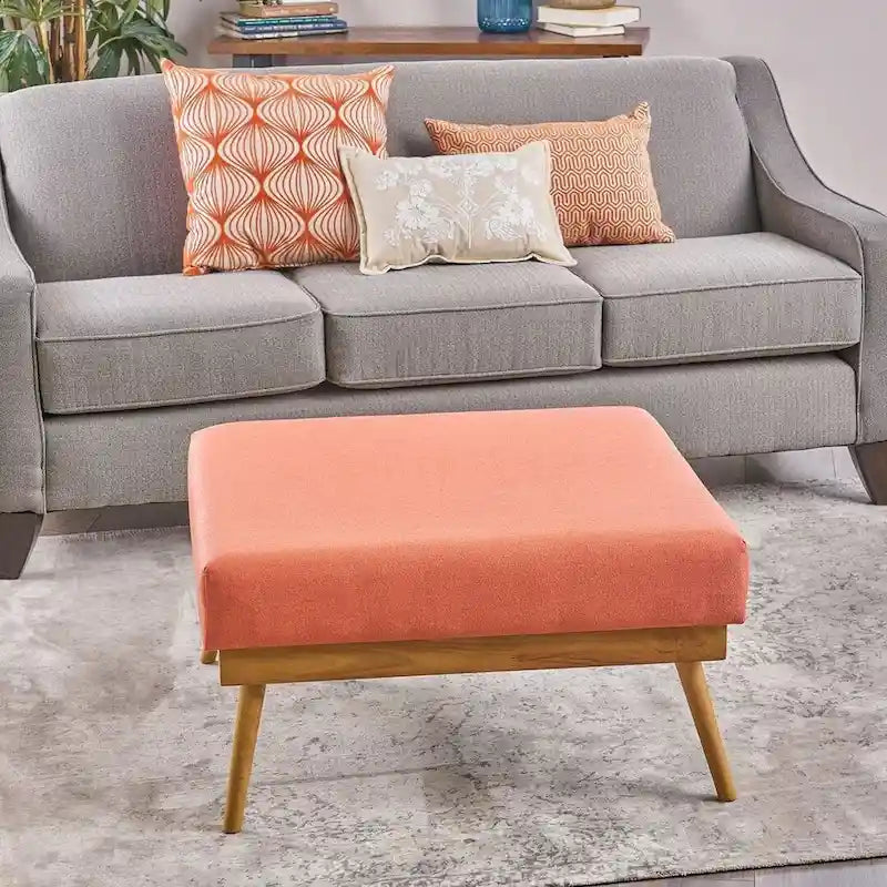 Coral Mid-Century Square Ottoman with Rubberwood Legs by Christopher Knight Home