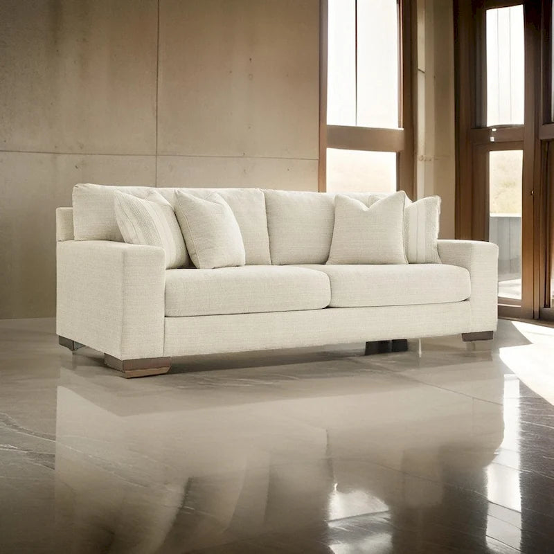 Magg 96 Inch Sofa, 4 Accent Pillows, Oversized Cushion, Beige Polyester