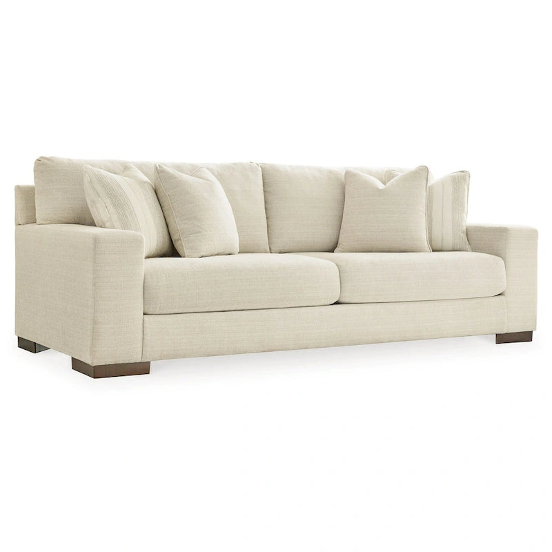 Magg 96 Inch Sofa, 4 Accent Pillows, Oversized Cushion, Beige Polyester
