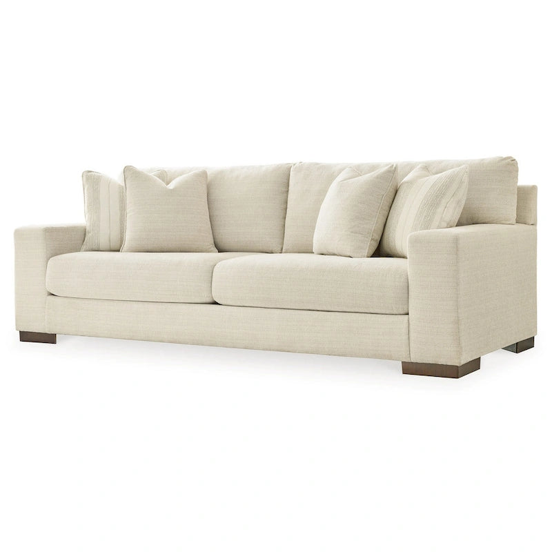 Magg 96 Inch Sofa, 4 Accent Pillows, Oversized Cushion, Beige Polyester