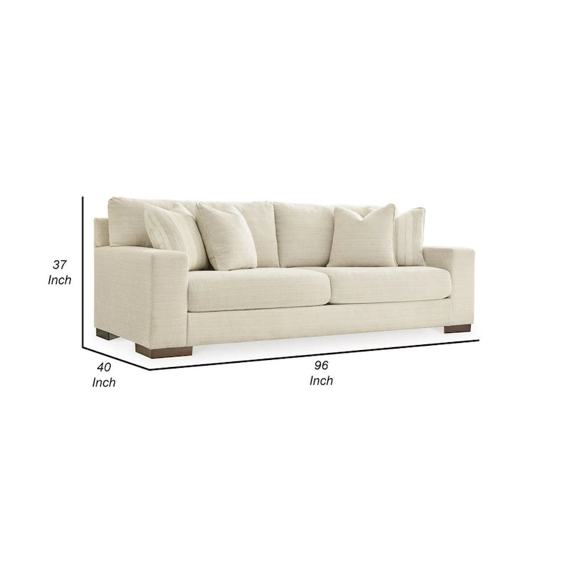 Magg 96 Inch Sofa, 4 Accent Pillows, Oversized Cushion, Beige Polyester