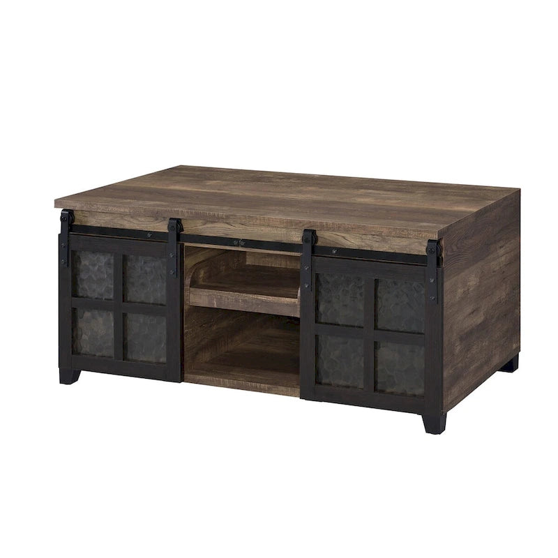 CUSchoice Rustic Oak & Black Finish Coffee Table with Obscure Glass - 47L X 24W X 23H