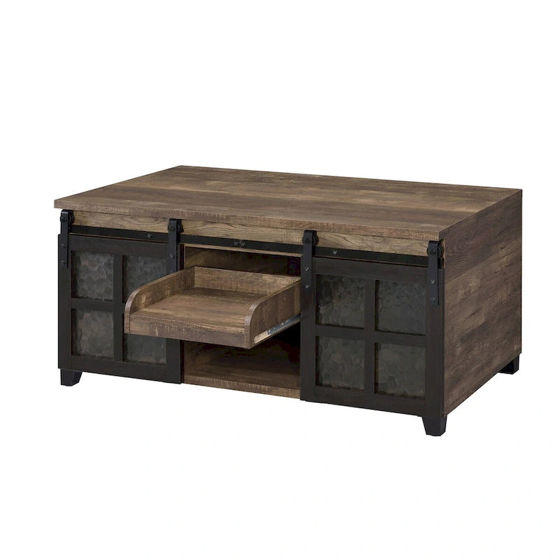CUSchoice Rustic Oak & Black Finish Coffee Table with Obscure Glass - 47L X 24W X 23H