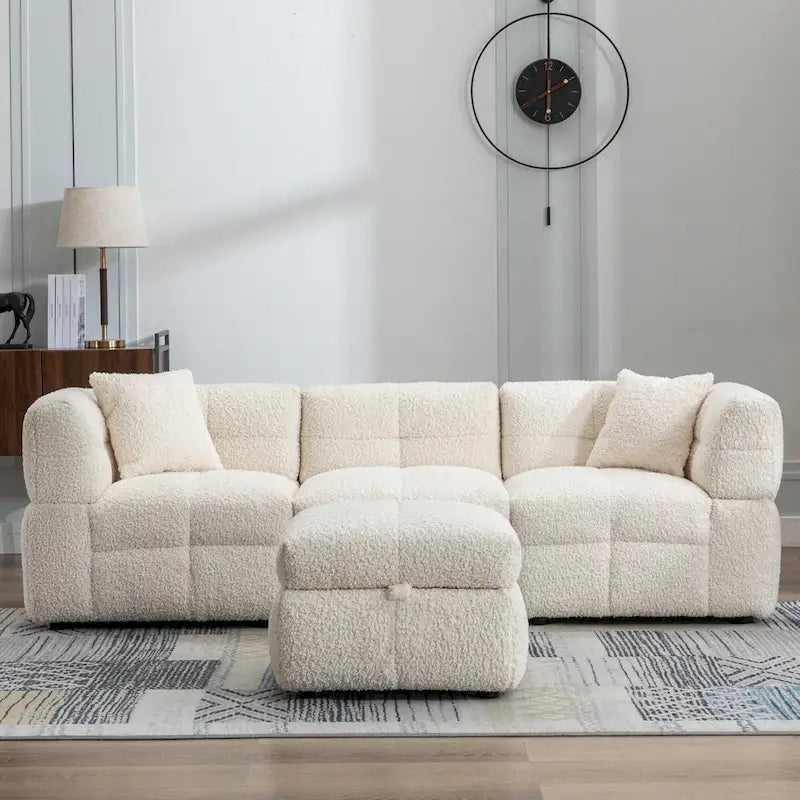 87.7  Sectional Sofa Cozy Teddy Fleece Fabric Sectional Sofa Couch