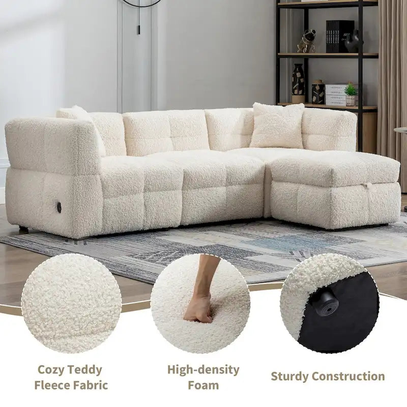 87.7  Sectional Sofa Cozy Teddy Fleece Fabric Sectional Sofa Couch