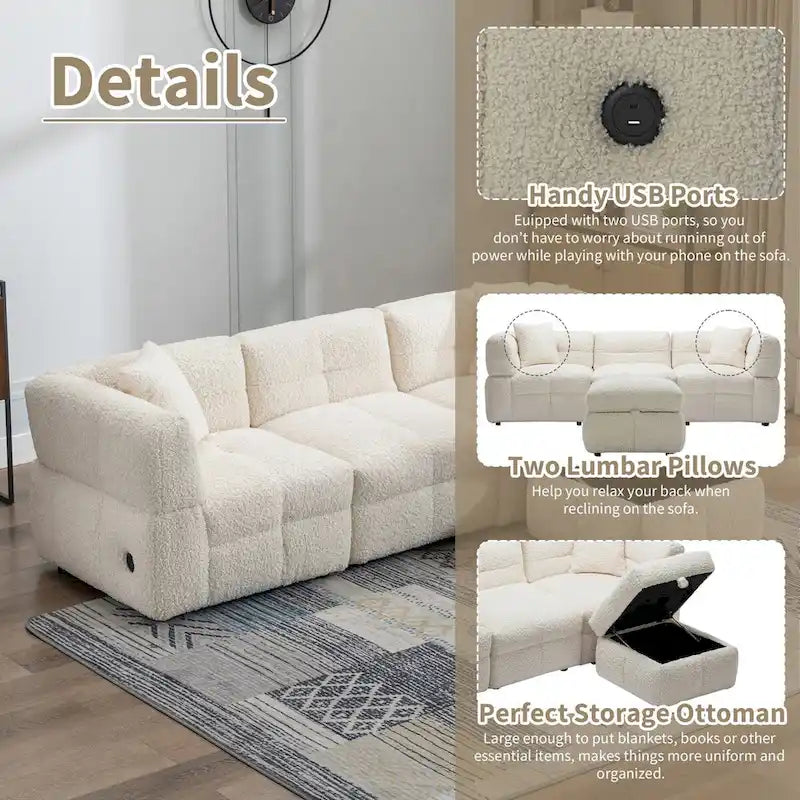 87.7  Sectional Sofa Cozy Teddy Fleece Fabric Sectional Sofa Couch