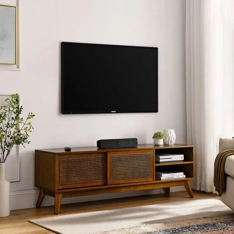 Modern Rattan TV Stand for 65 Inch TV, Entertainment Cabinet, Media Console