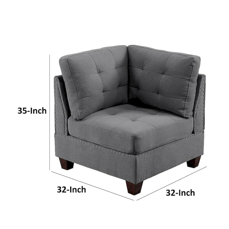 Lemy 32 Inch Modular Corner Sofa Chair, Tufted Gray Upholstery, Solid Wood