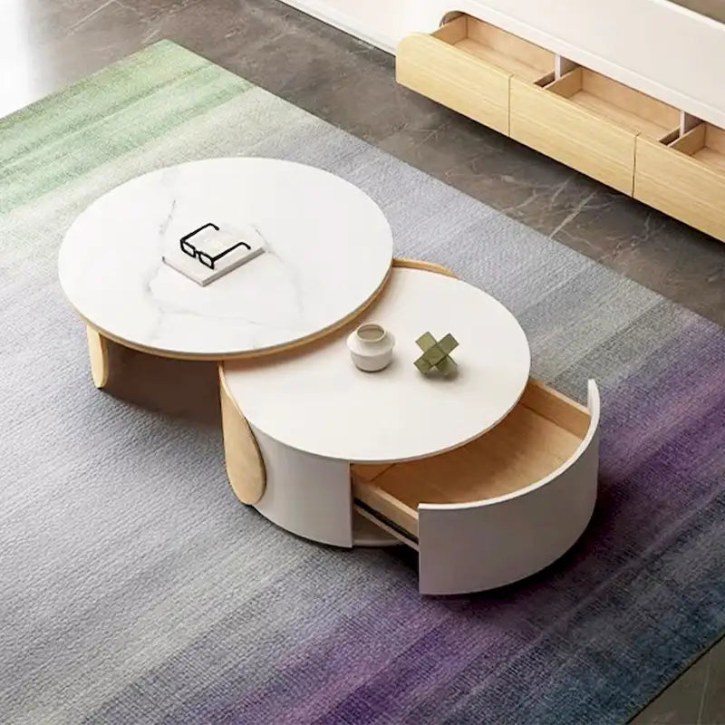 Modern Round Coffee table, Stone Table-top, Natural Wood - 50  x 31.5