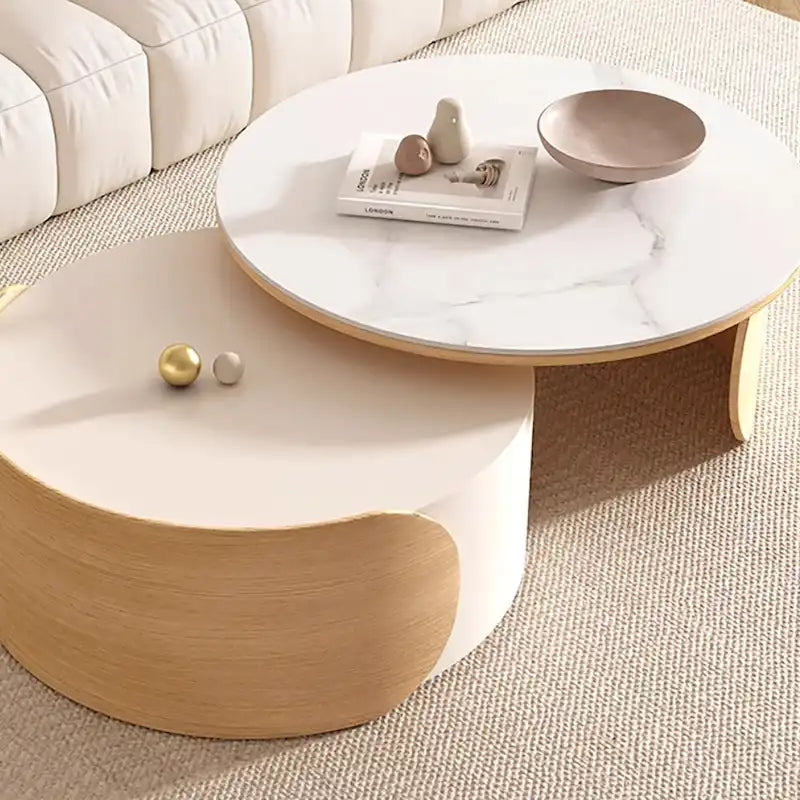Modern Round Coffee table, Stone Table-top, Natural Wood - 50  x 31.5