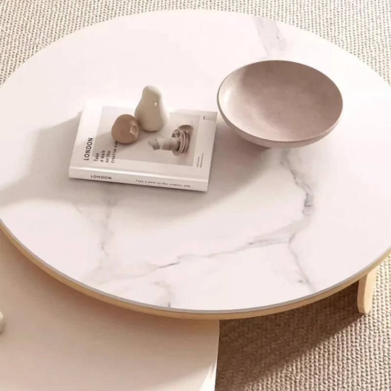 Modern Round Coffee table, Stone Table-top, Natural Wood - 50  x 31.5