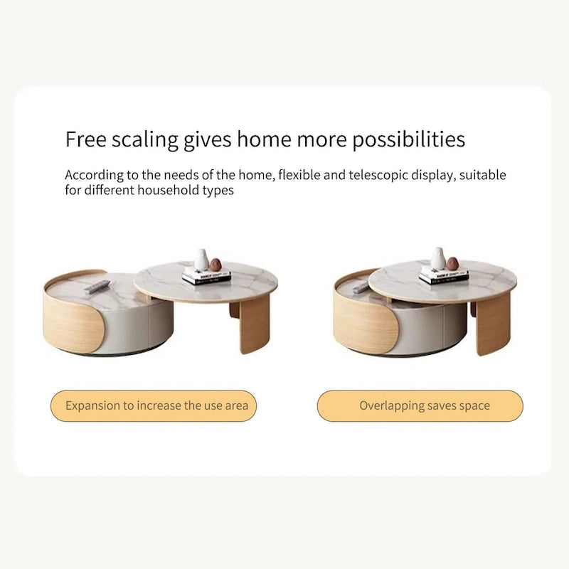 Modern Round Coffee table, Stone Table-top, Natural Wood - 50  x 31.5