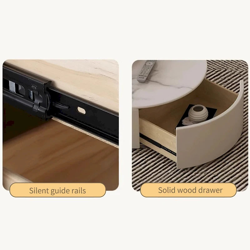 Modern Round Coffee table, Stone Table-top, Natural Wood - 50  x 31.5