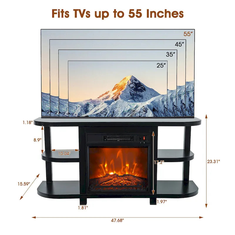 48  Modern Black Electric Fireplace TV Stands Media Console for TVs up to 55