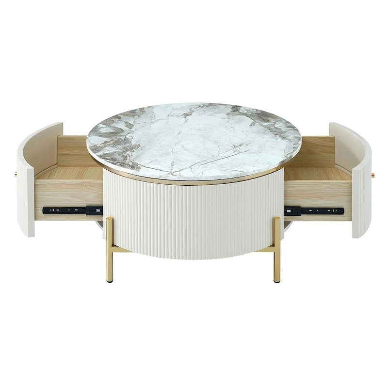 Modern Round Coffee Table with 2 Large Drawers Storage Accent Table with Marble-patterned Tabletop