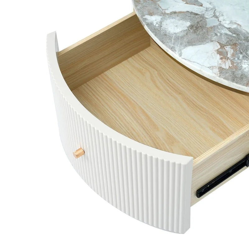 Modern Round Coffee Table with 2 Large Drawers Storage Accent Table with Marble-patterned Tabletop