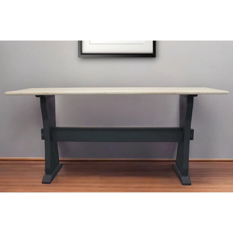 HomeRoots 70  Ivory and Black Genuine Marble Trestle Console Table - 70