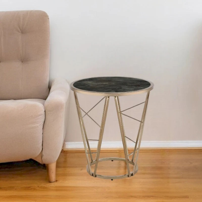 HomeRoots 24  Champagne And Black Faux Marble Glass And Metal Round End Table - 22' X '24' X '22