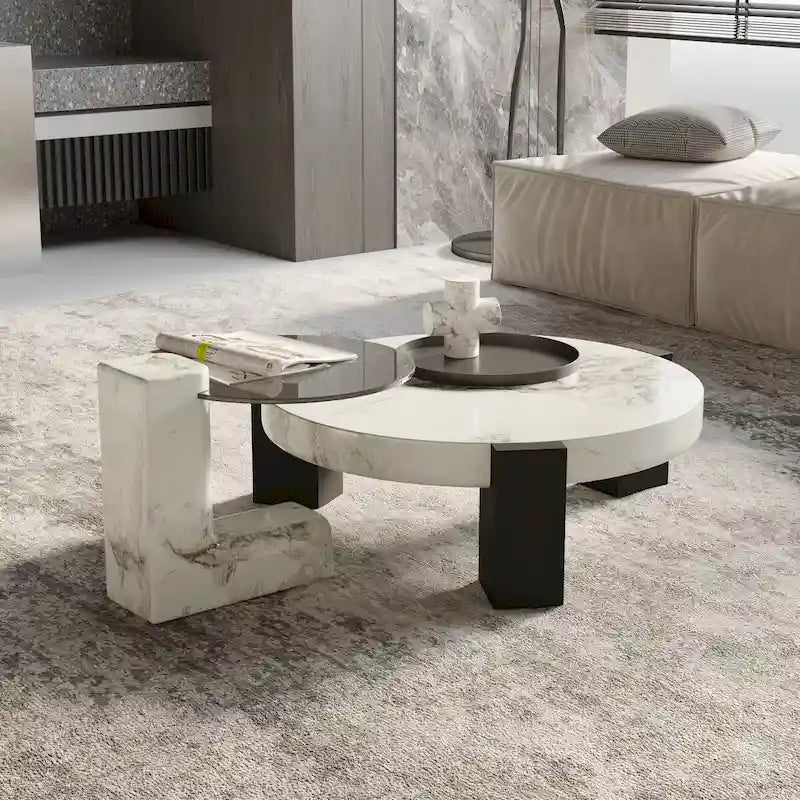 Modern Round Nesting Coffee Table Set of 2 With Glass Top