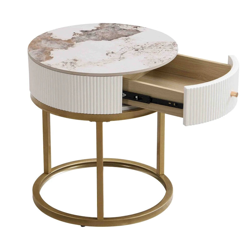19.68 Inch Marble Round End Table with storage, Modern Nightstand with Drawer, Side Table for Living Room&Bedroom