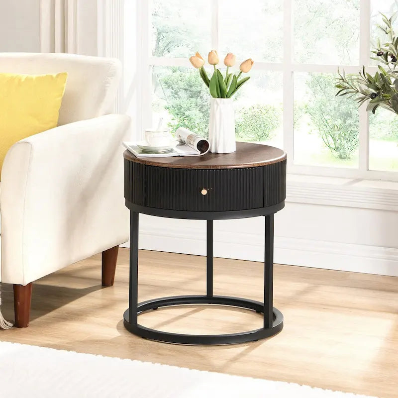 19.68 Inch Marble Round End Table with storage, Modern Nightstand with Drawer, Side Table for Living Room&Bedroom