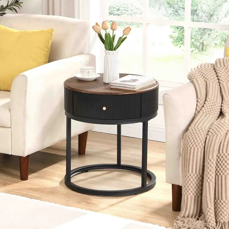 19.68 Inch Marble Round End Table with storage, Modern Nightstand with Drawer, Side Table for Living Room&Bedroom
