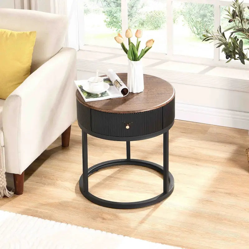 19.68 Inch Marble Round End Table with storage, Modern Nightstand with Drawer, Side Table for Living Room&Bedroom