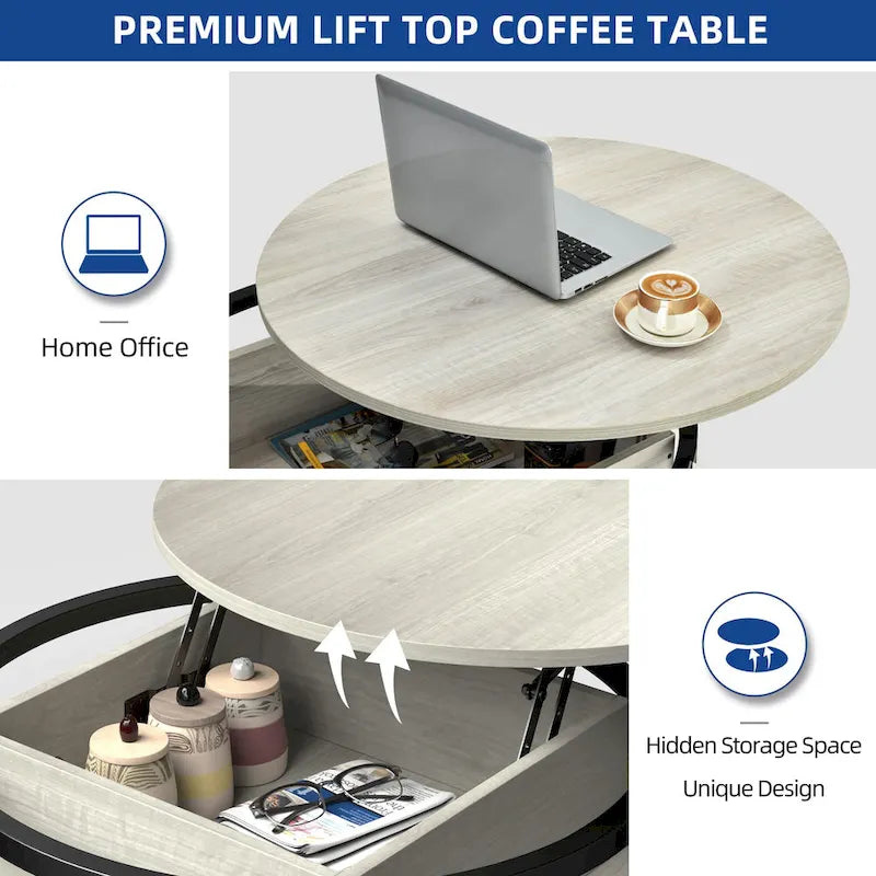 Moasis Farmhouse Lift Top Round Coffee Table with Hidden Storage and Shelf