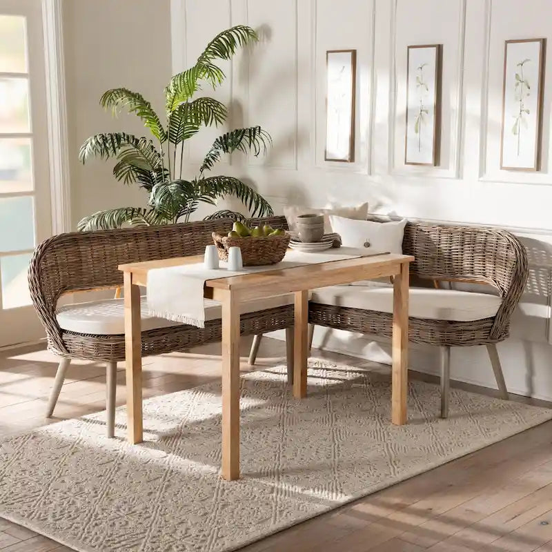 Raisa Modern Bohemian Natural Kubu Rattan Bench and Wood Table Dining Nook Set