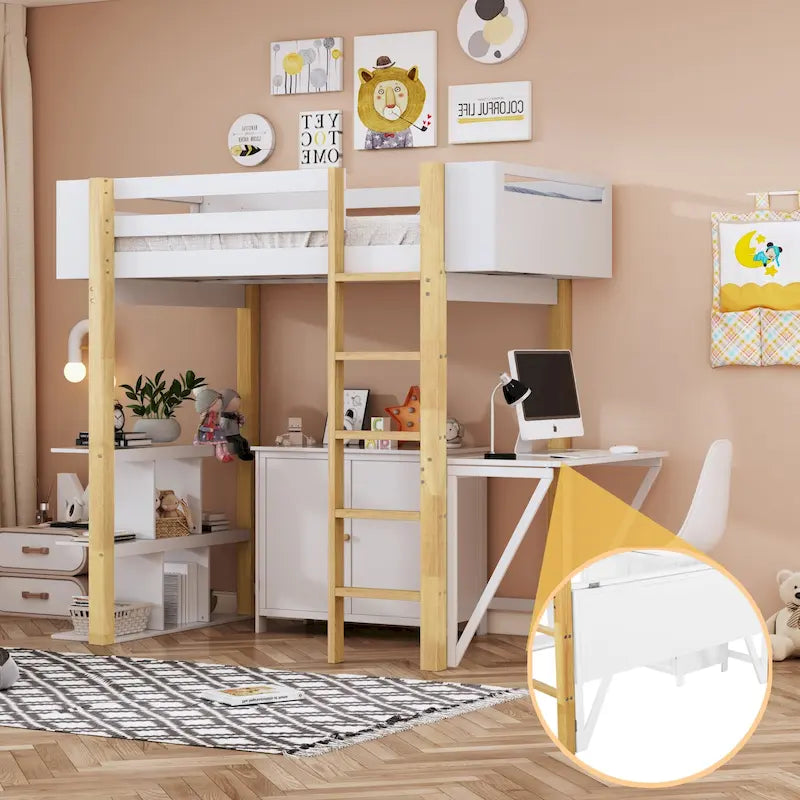 Wood Loft Bed With Built-in Storage Cabinet, Cubes and Foldable desk