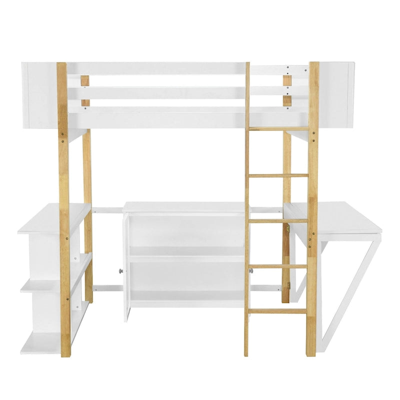 Wood Loft Bed With Built-in Storage Cabinet, Cubes and Foldable desk