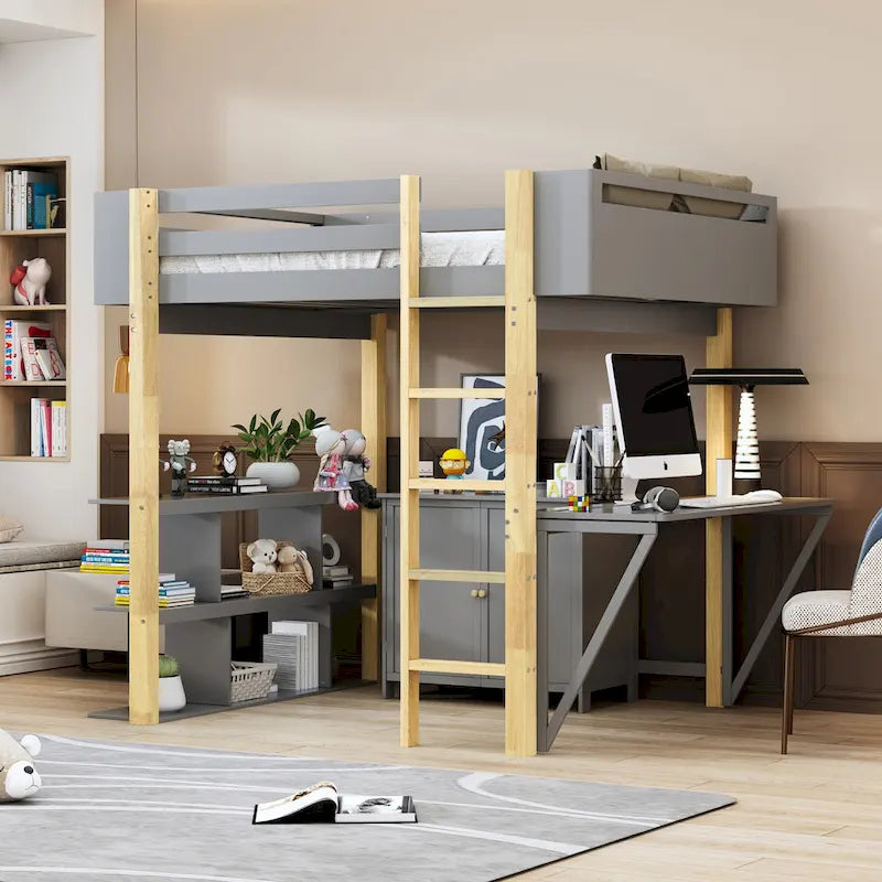 Wood Loft Bed With Built-in Storage Cabinet, Cubes and Foldable desk