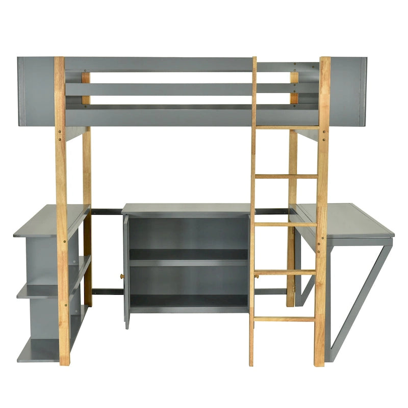 Wood Loft Bed With Built-in Storage Cabinet, Cubes and Foldable desk