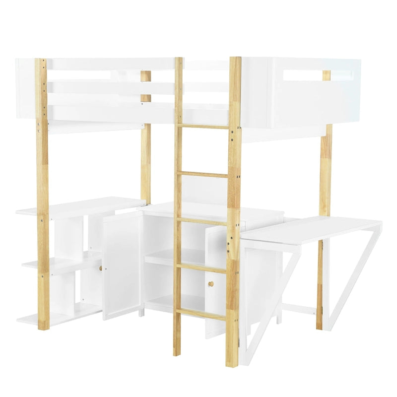 Wood Loft Bed With Built-in Storage Cabinet, Cubes and Foldable desk