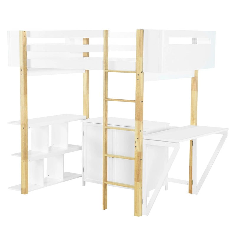 Wood Loft Bed With Built-in Storage Cabinet, Cubes and Foldable desk