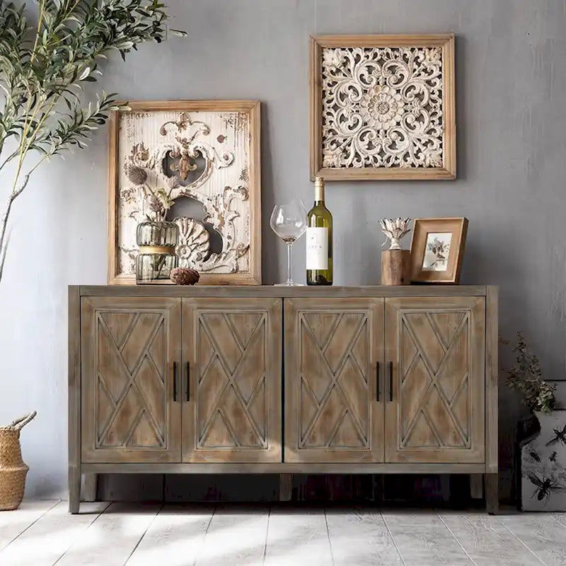 Accent Cabinet 4 Door Wooden Twill Sideboard Storage Cabinet