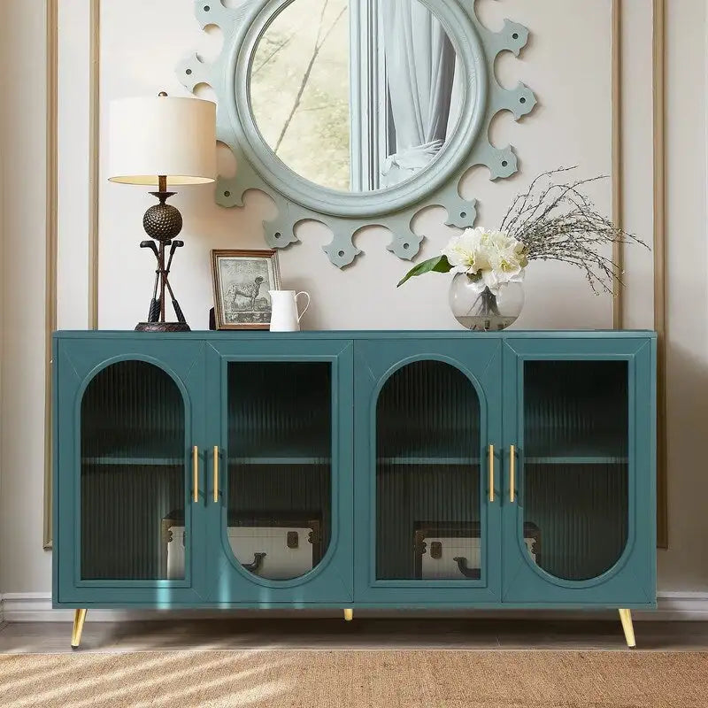 Grondin Mid-Century Modern Style 59.8  Wide Sideboard Buffet with Fluted Tempered Glass Doors and Adjustable Shelves