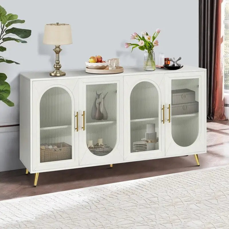 Grondin Mid-Century Modern Style 59.8  Wide Sideboard Buffet with Fluted Tempered Glass Doors and Adjustable Shelves