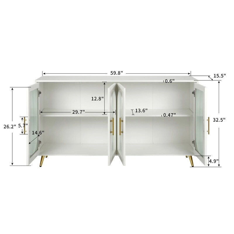 Grondin Mid-Century Modern Style 59.8  Wide Sideboard Buffet with Fluted Tempered Glass Doors and Adjustable Shelves