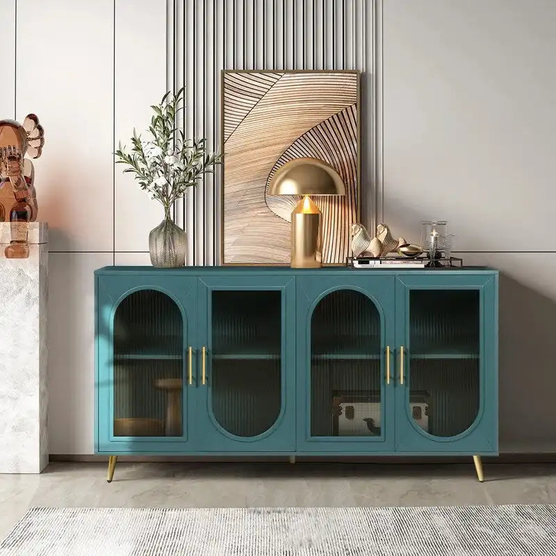 Grondin Mid-Century Modern Style 59.8  Wide Sideboard Buffet with Fluted Tempered Glass Doors and Adjustable Shelves
