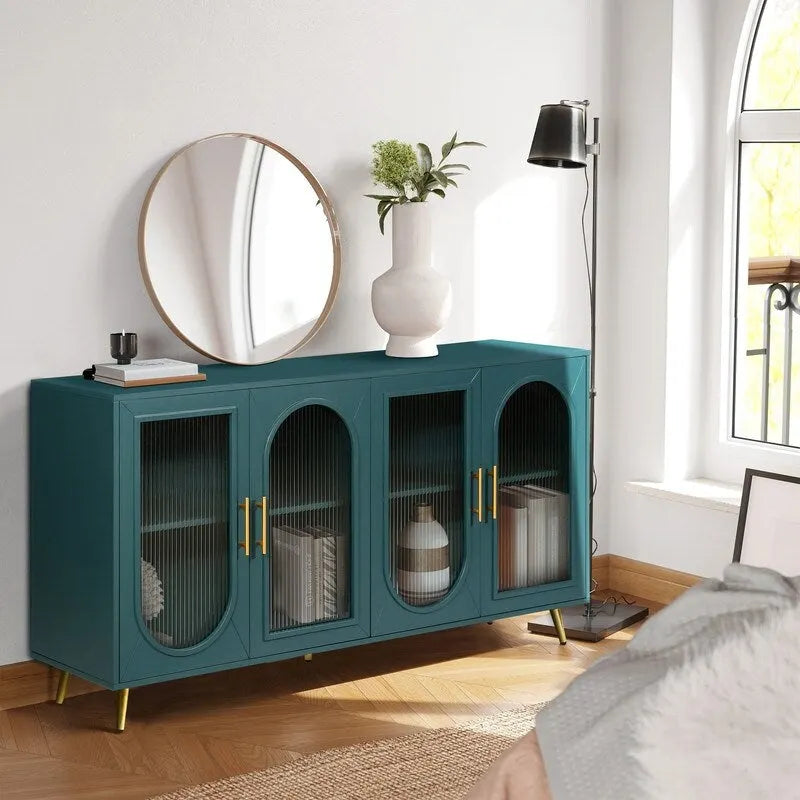 Grondin Mid-Century Modern Style 59.8  Wide Sideboard Buffet with Fluted Tempered Glass Doors and Adjustable Shelves