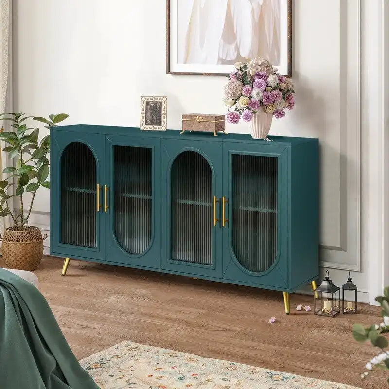 Grondin Mid-Century Modern Style 59.8  Wide Sideboard Buffet with Fluted Tempered Glass Doors and Adjustable Shelves