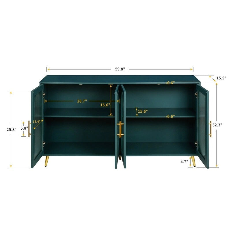 Grondin Mid-Century Modern Style 59.8  Wide Sideboard Buffet with Fluted Tempered Glass Doors and Adjustable Shelves