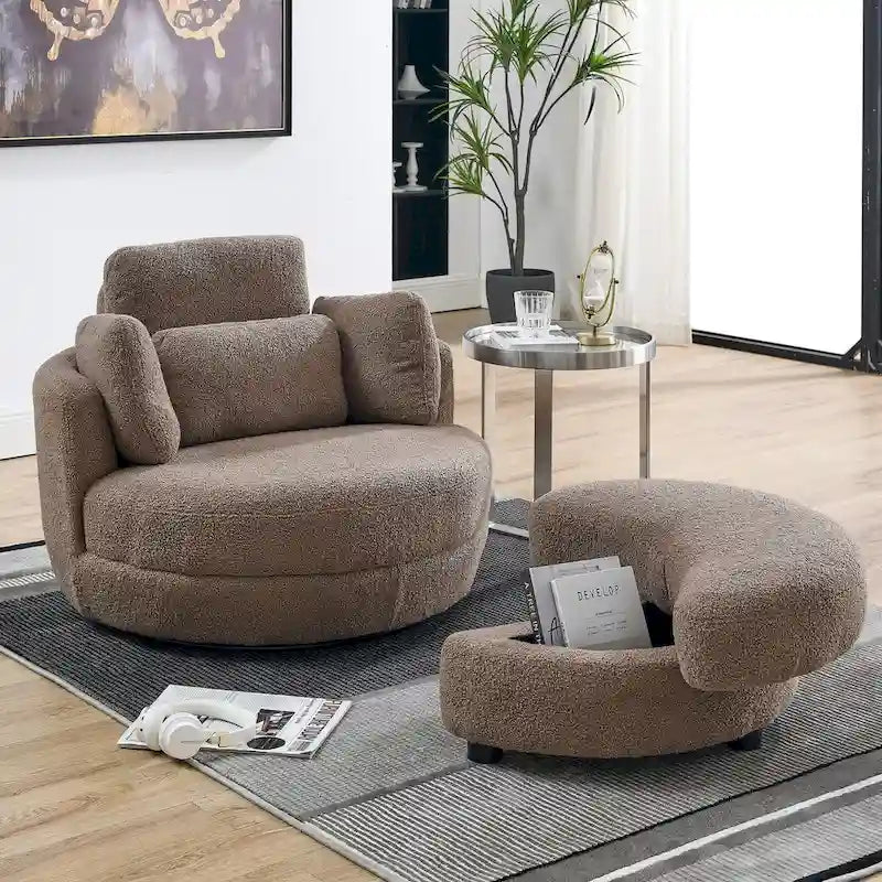 39 W Oversized Swivel Chair,moon storage ottoman,Loveseat Circle Swivel Barrel Chairs Cuddle Sofa Lounger Armchair,4 Pillows