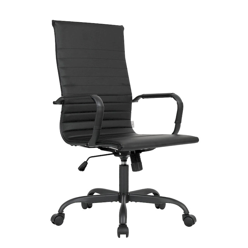 Harris Ribbed Leather Adjustable High-Back Office Swivel Chair in Black Metal Frame for Home Conference Desk Computer Chair
