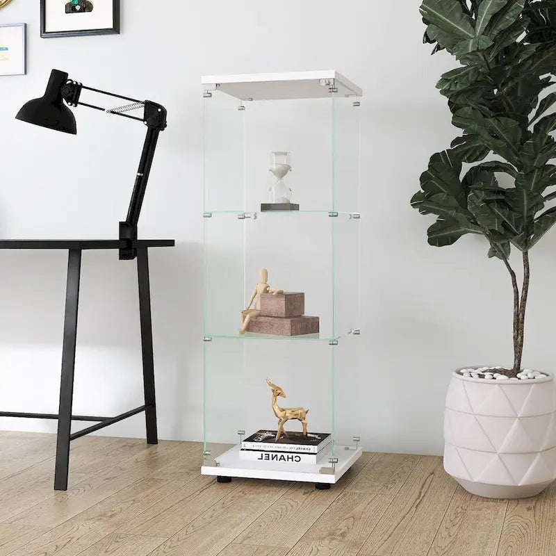 Glass Display Cabinet with 3 Shelves, One-Door Curio Cabinets, White Floor Standing Glass Bookshelf, Quick Installation